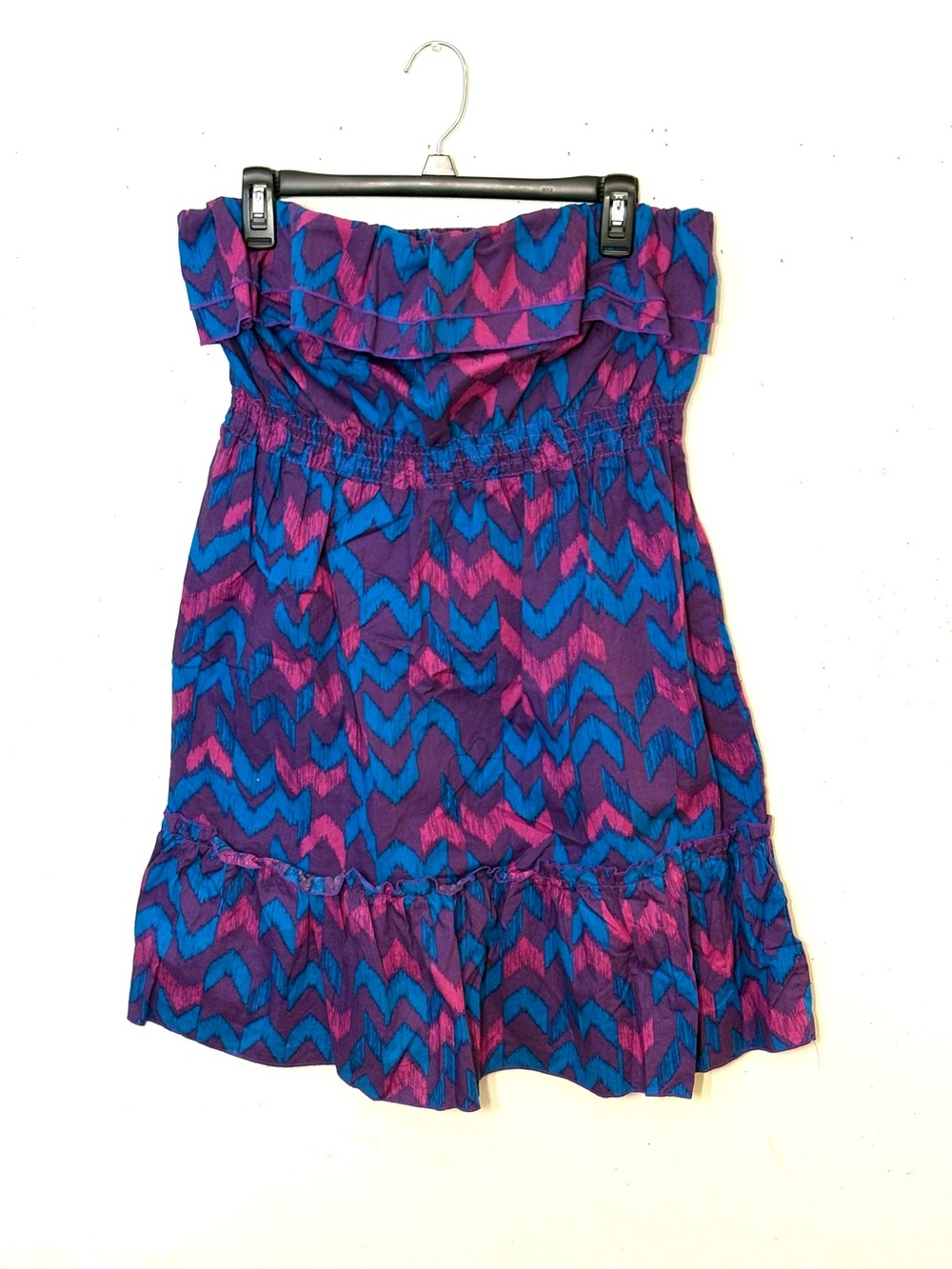 OP Strapless Ruffle Hem Sundress in Purple, Pink, & Blue Chevron. Size XL. EUC.